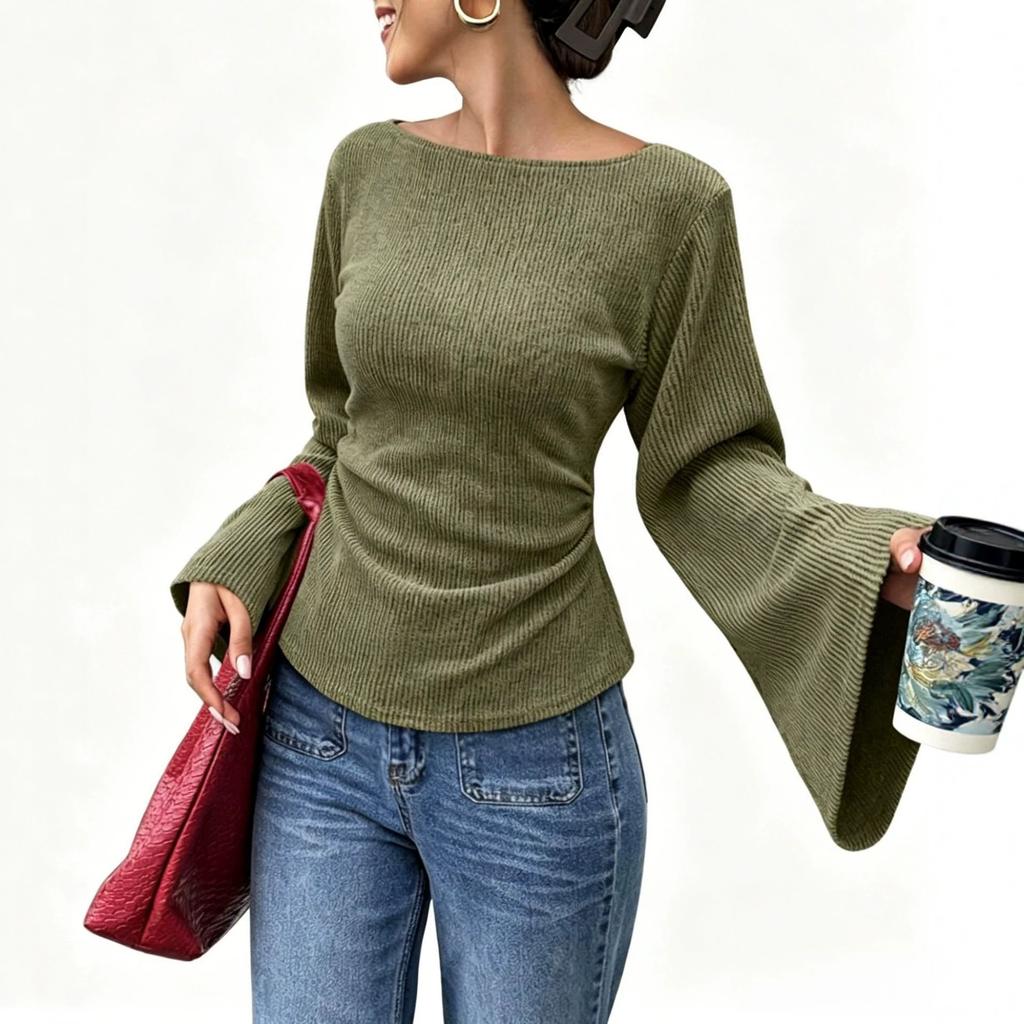 Women Off Shoulder Knitted Sweater Long Sleeve Asymmetric Hem Casual Top