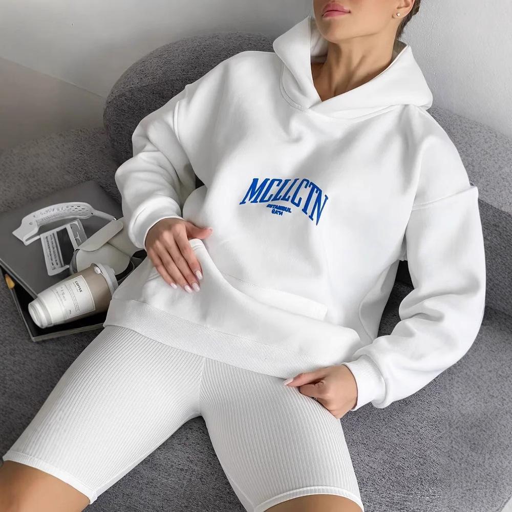 European & American Women's Winter Hoodie with Letter Print & Foam Bag Patch