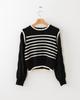 Women's Off-White Retro Patchwork Chiffon Striped Knit Sweater Shirt, One Size, Black, Korean Niche Design.