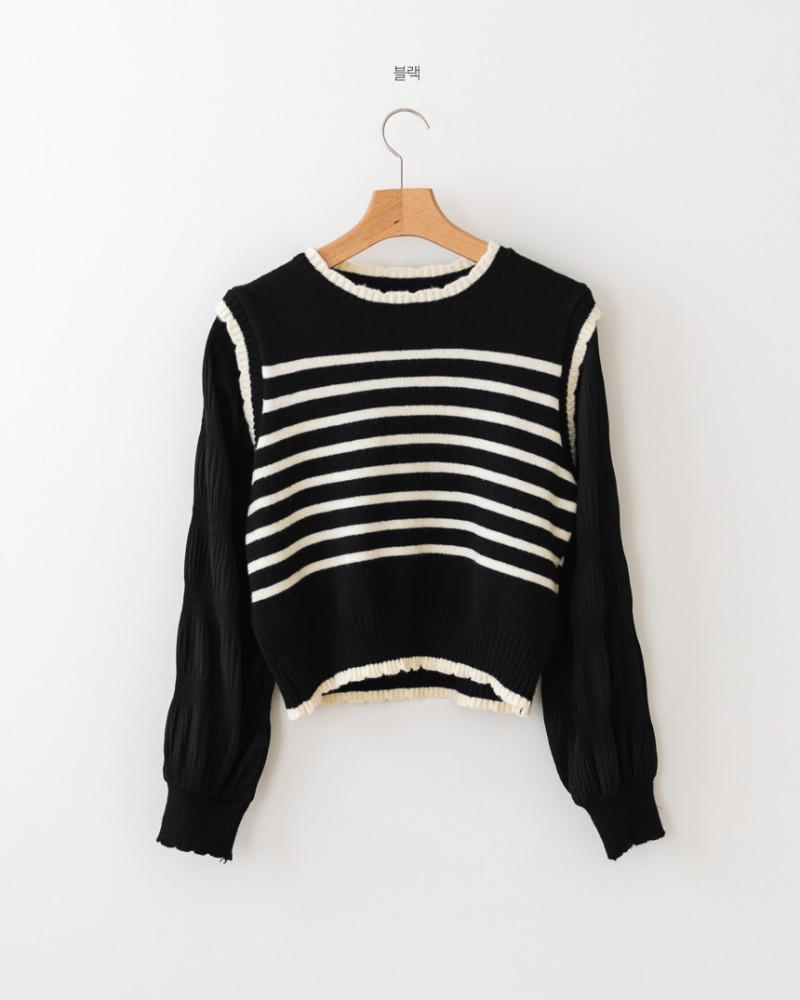 Women's Off-White Retro Patchwork Chiffon Striped Knit Sweater Shirt, One Size, Black, Korean Niche Design.