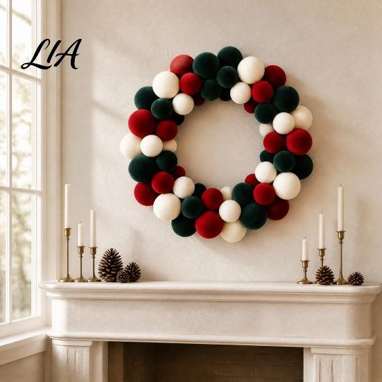 Seasonal Decorative Craft Wreath Christmas Pom for Front Door, Red Green White Velvet Elegant Atmosphere Prop Flocking Hanging Holiday Party,