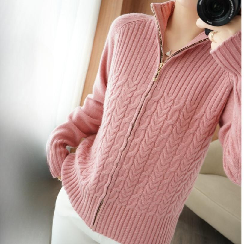 

IHUASU Жіночий весняний кардиган на блискавці, вільний, універсальний повсякденний модний кручений квітковий комір-стійка, светр L рожевий