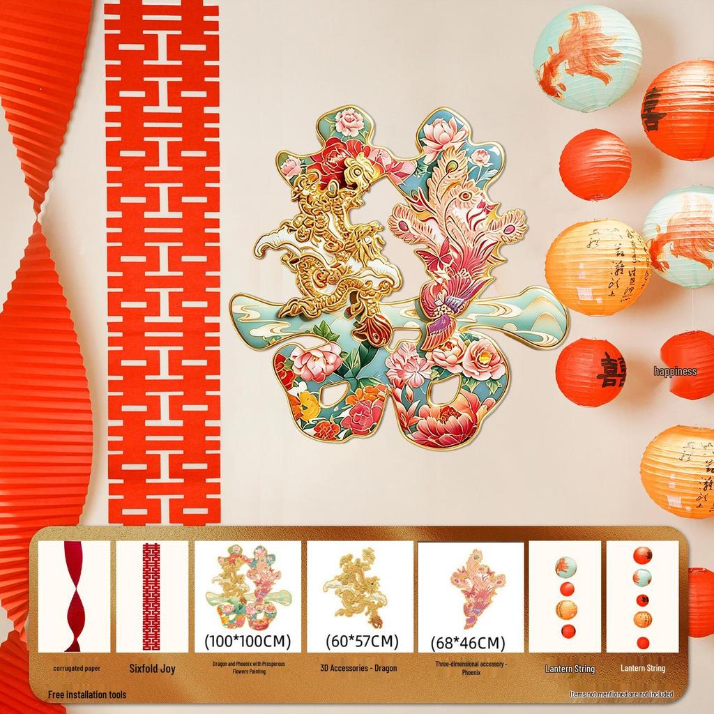3D Dragon and Phoenix 'Xi' Character KT Board for Wedding Room Atmosphere - Living Room, Bedroom, or Bedside Wall Decoration