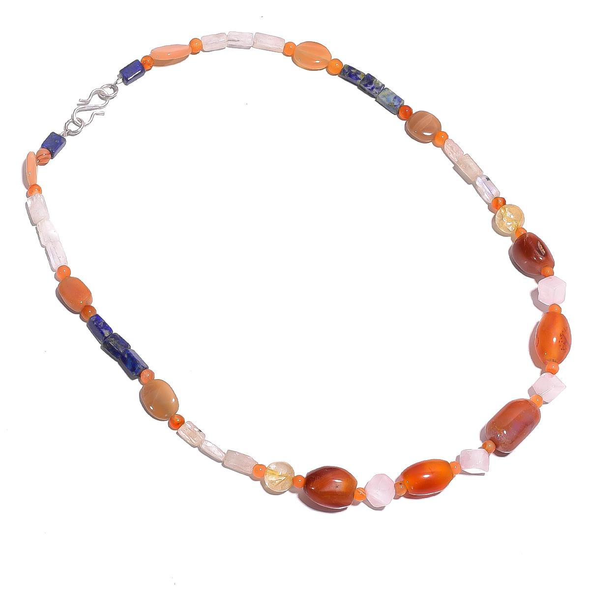 

Natural Carnelian Lapis Lazuli Rose Quartz Gemstone Beads Necklace 17 UB-4277 UB-4277