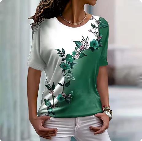 2024 New Women's T-Shirt Fashion Crew Neck Flower Printing Casual Daily Women's Top Summer Trend Loose