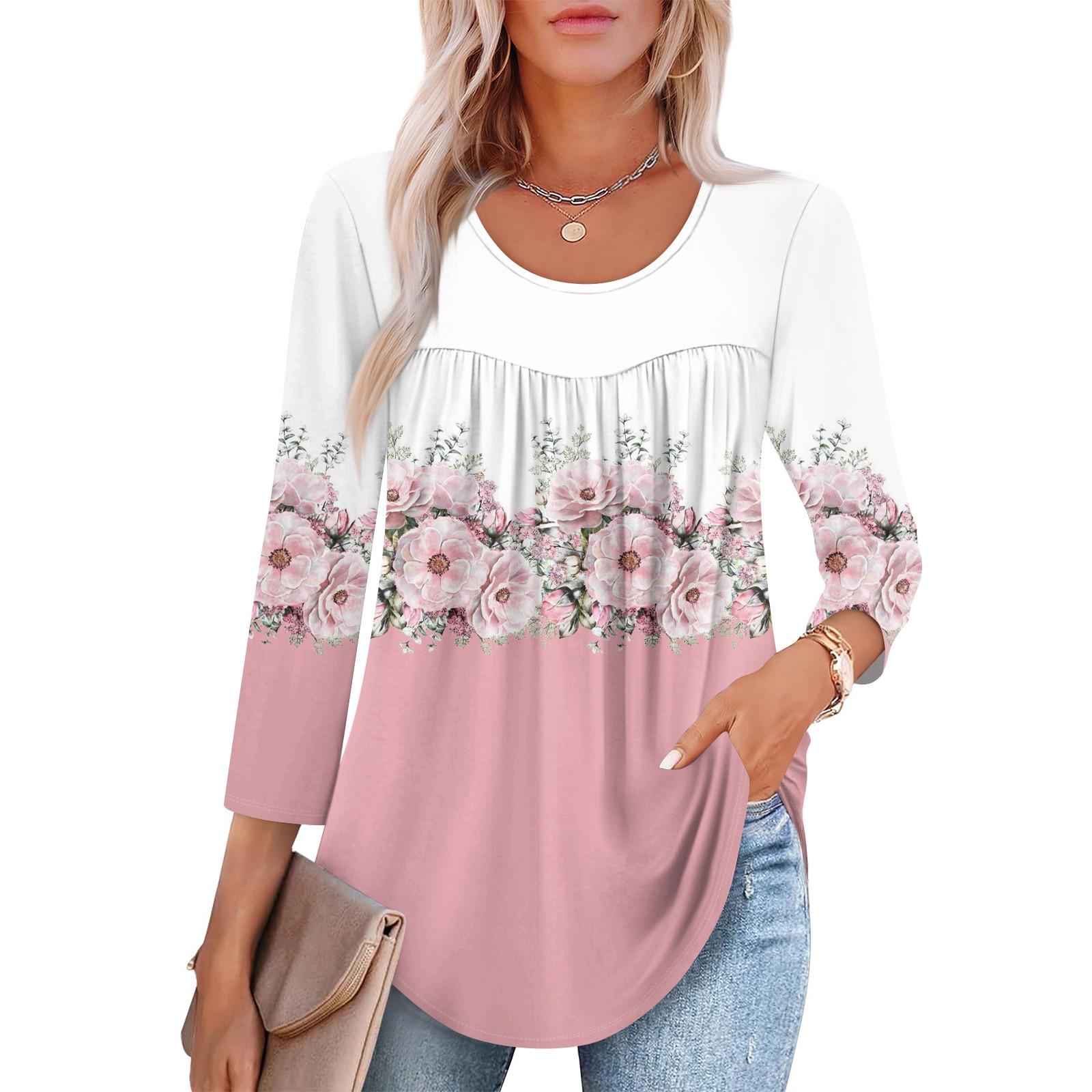 

Женский модный топ с рукавом семь восьмых, круглым вырезом, плиссированный, повседневный, с принтом M розовый