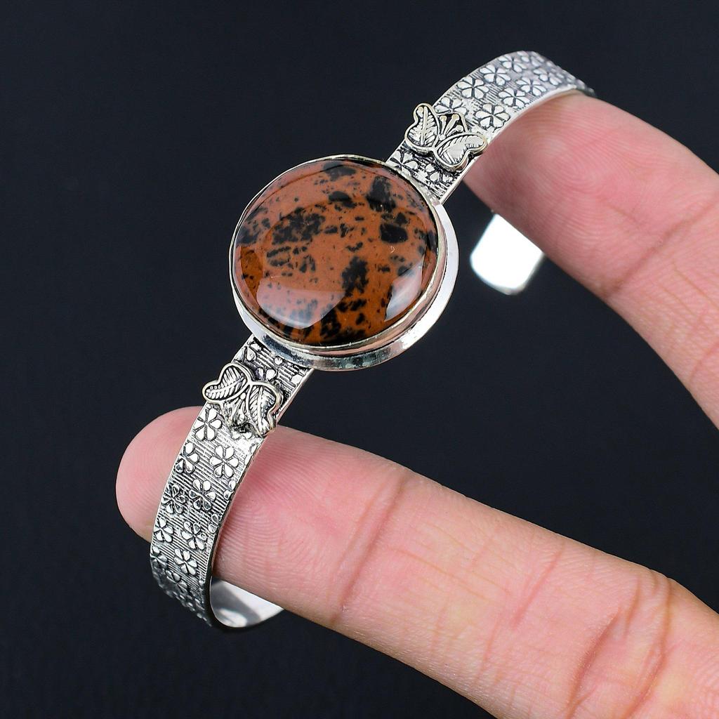 Tochtertag Angebot Sterling Silber Mahagoni Obsidian Edelstein Art Deco Armreif