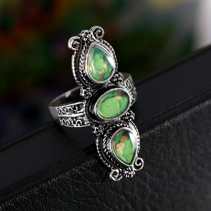 Vintage Bohemian Blue Jade Ring, Alloy, with Blue Jade Plaque, Suitable for Women and Men