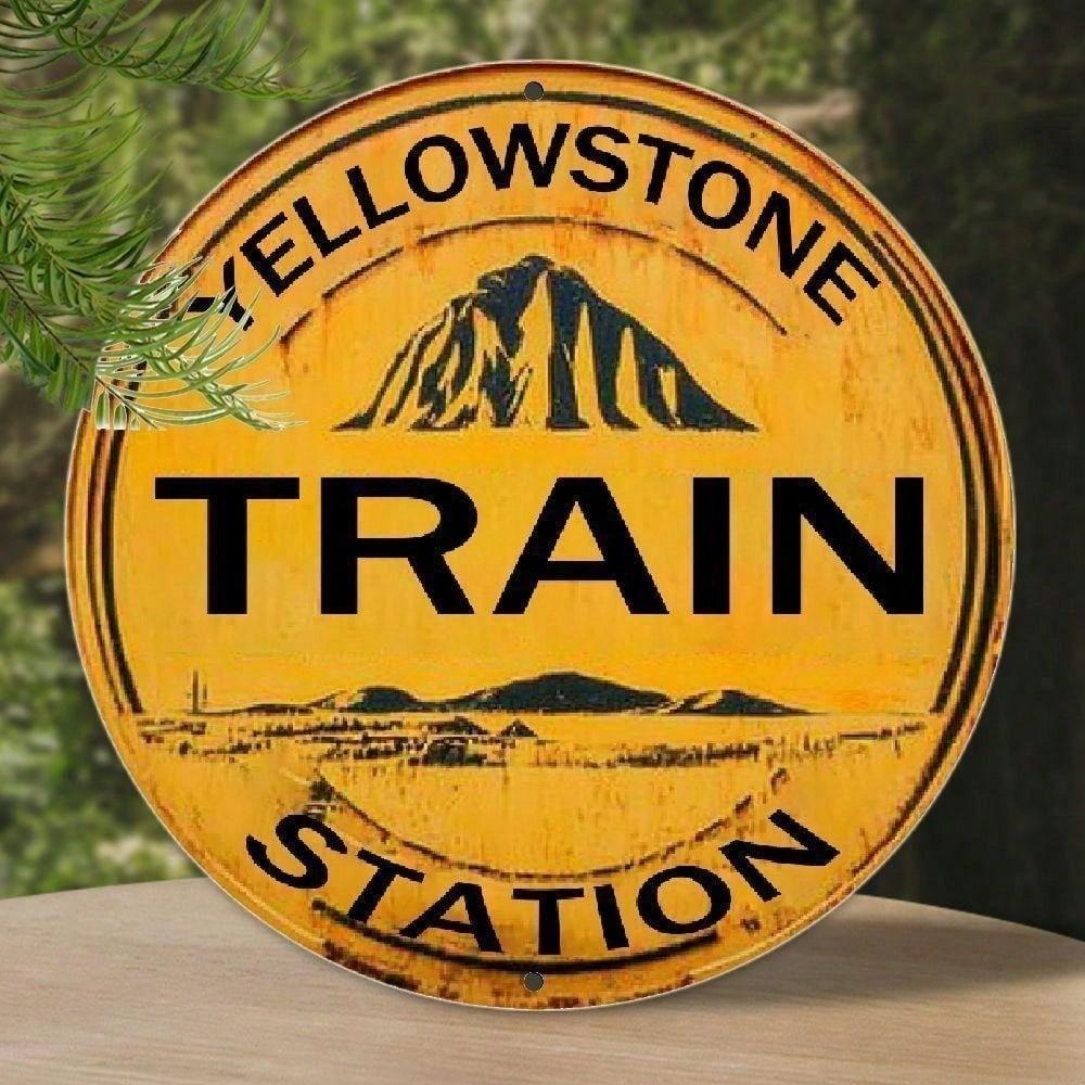 Vintage Round Metal Wall Art, Rustic Yellowstone Train Station Aluminum Sign, Mountain Landscape Decor for Home
