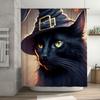 Colorful Halloween Cat Shower Curtain With Witch Hat Design For Bathroom Decoration Black Magic Theme