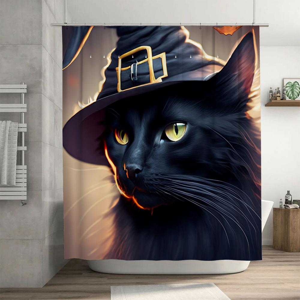 Colorful Halloween Cat Shower Curtain With Witch Hat Design For Bathroom Decoration Black Magic Theme