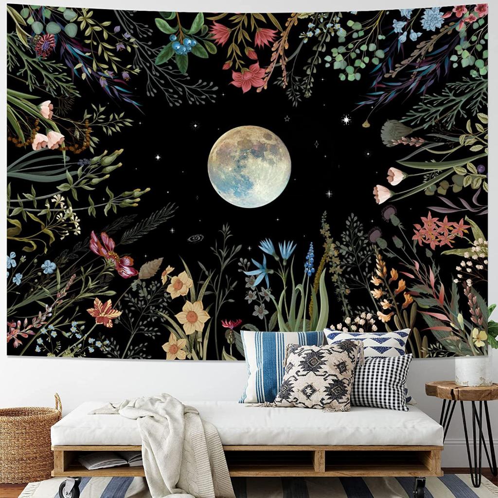 VIKAMA Vintage Floral Moon Phase Tapestry Bohemian Flower Star Moon Wall Blanket for Bedroom Living Room Dormitory Decor