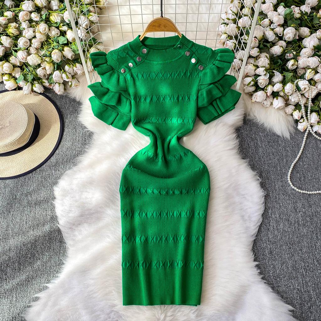 Summer Women Elegant Ruffle Metal Button Office Work Knitted Sheath Sweater Mini Dresses