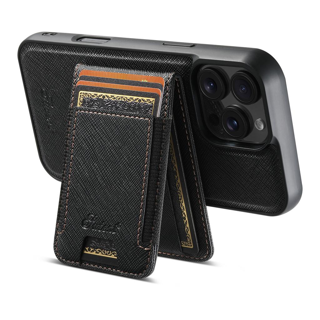 SUTENI H17 For iPhone 16 Pro Magnetic Case Cross Texture Leather Phone Back Cover with Detachable Card Bag