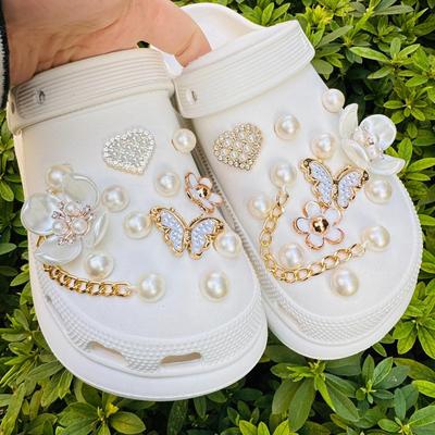 24PCS Summer Fashion Shoe Charms Set Accessories for Clogs Shoe Buckle Butterfly Pearl Flower Chain DIY Shoes Decorations
