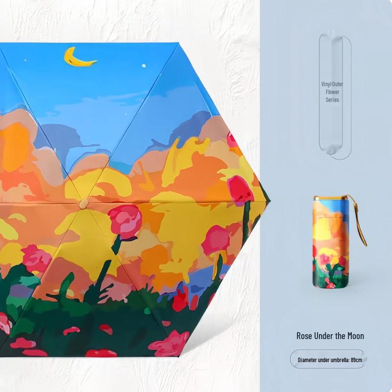 Compact Chinese-Style Oil Painting Umbrella: Portable, Manual Open, UV Protection for Sun & Rain