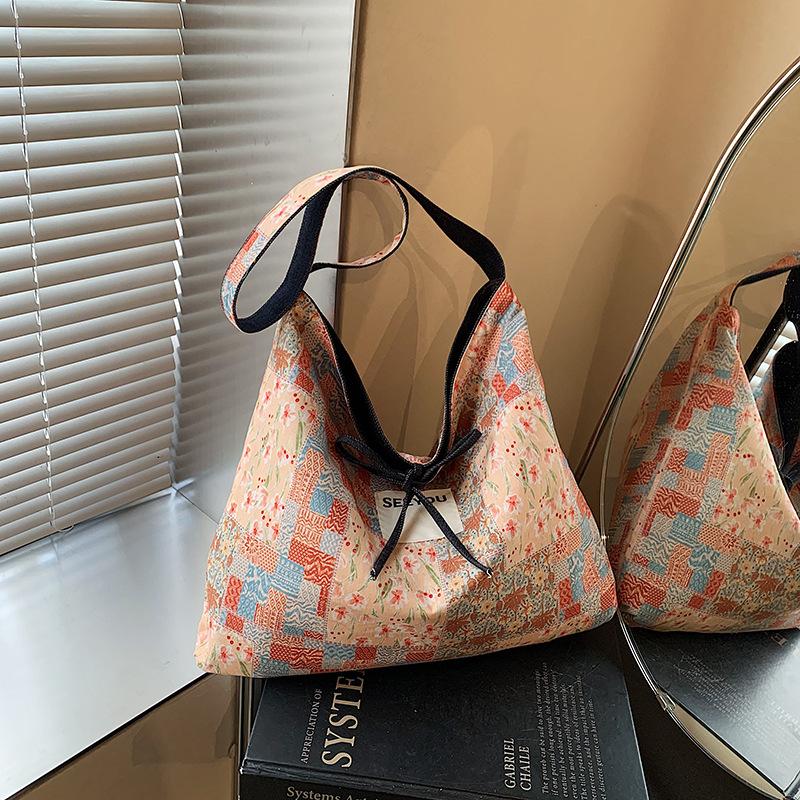 2025 spring and summer new color printed canvas bag denim double-sided messenger bag versatile commuter tote bag