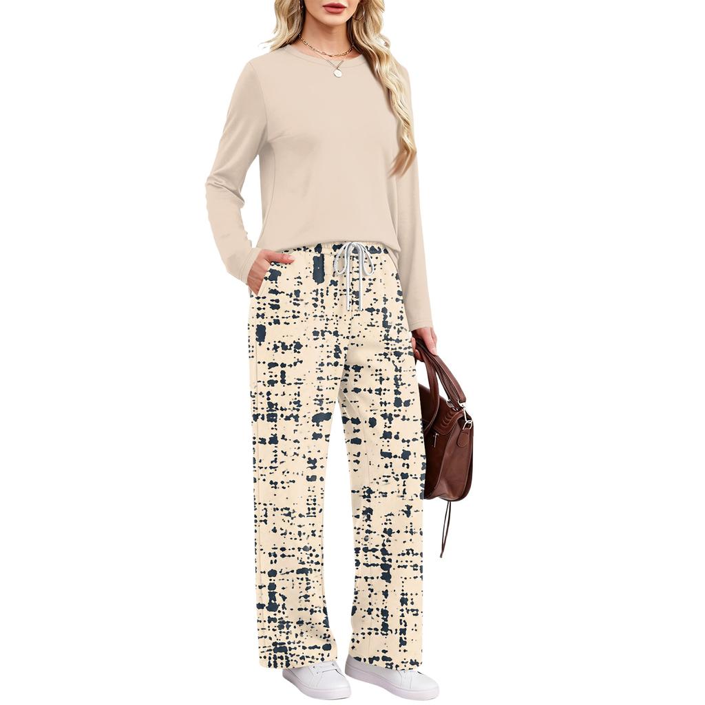 Women's Casual Pajama Set with Pockets, Long Sleeve Neck Loose Fit Printed Sleepwear