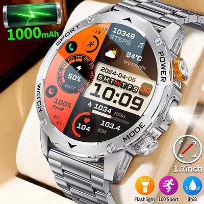 2025 New Military Edition Smart Watch Men 1000mAh Battery 1.7-inch AMOLED HD Display Bluetooth Call Clock Smartwatch LED Flashlight