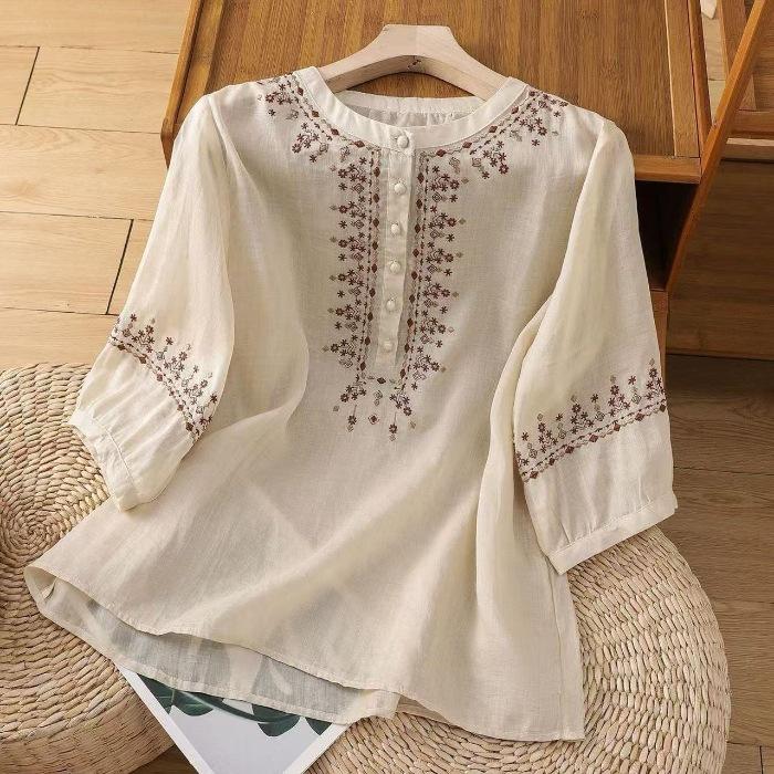 Retro Pure Cotton Five Quarter Sleeved Shirts Middle-aged Mom Loose Belly Covering Top Embroidered Women's Blouses & Shirts