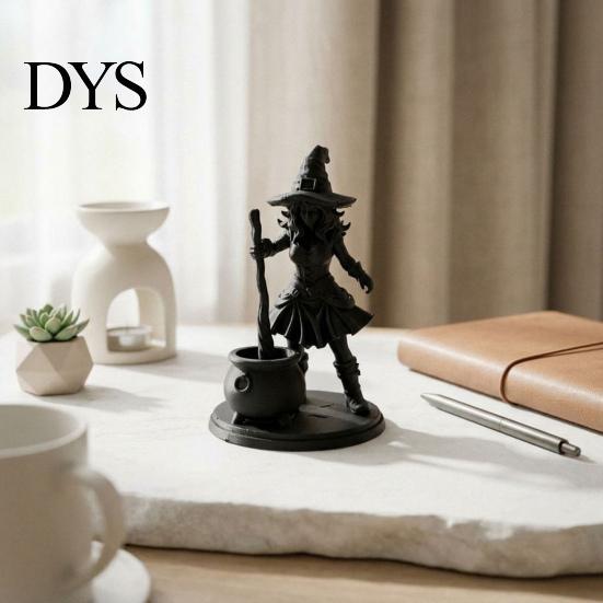 Matte Black Resin Craft Halloween Witch Cauldron Figurine, 3D Printed Spooky Statue with Pot, Fantasy Table Ornament Gothic Small Desktop for Tabletop