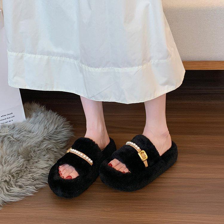 

Pearl fluffy slippers women wear 2025 autumn new thick bottom Internet celebrity fluffy cotton mop home indoor floor mop 35