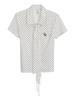 Women Polka Dot Short Sleeve Blouse, White Lapel Tie Neck Letter Embroidery Preppy Style Cropped Casual Shirt for Girls