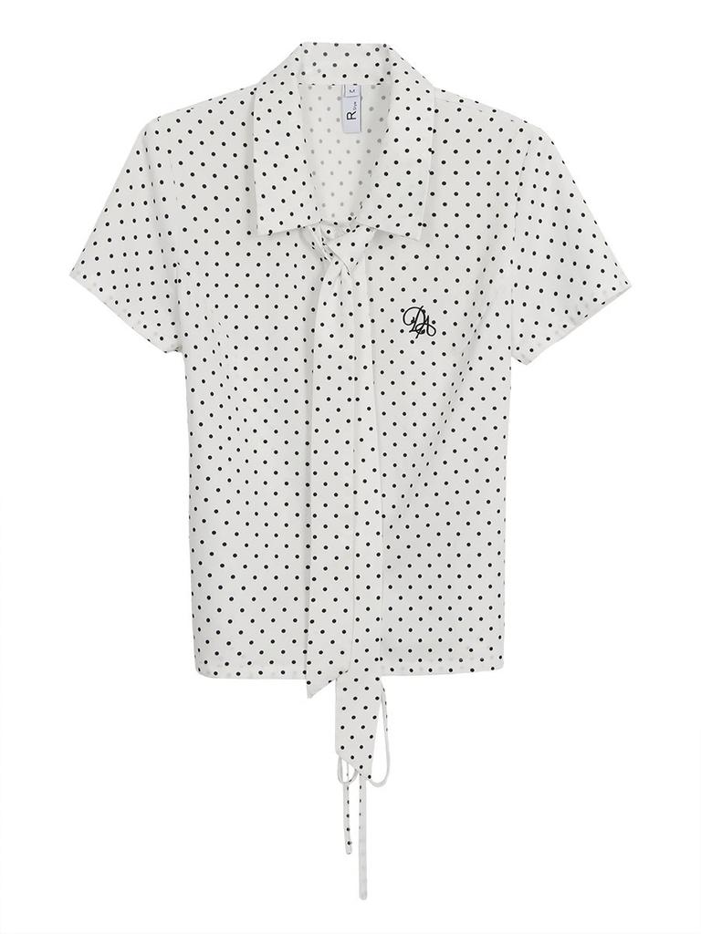 Women Polka Dot Short Sleeve Blouse, White Lapel Tie Neck Letter Embroidery Preppy Style Cropped Casual Shirt for Girls