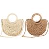Women Handwoven Semicircle Tote Handbag Half-Moon Straw Rattan Fashion Shoulder Bag Summer Large Capacity Weaving Crossbody Bag