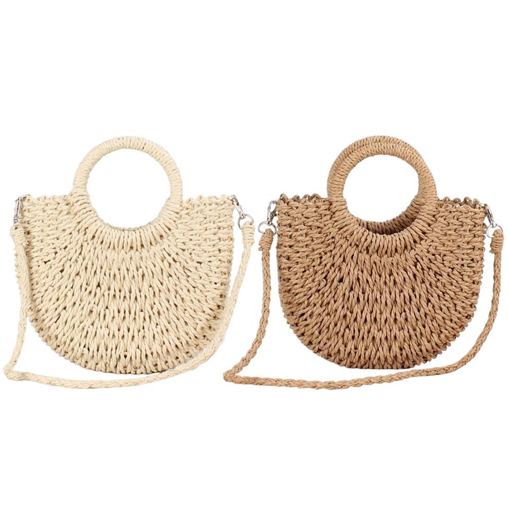 Women Handwoven Semicircle Tote Handbag Half-Moon Straw Rattan Fashion Shoulder Bag Summer Large Capacity Weaving Crossbody Bag