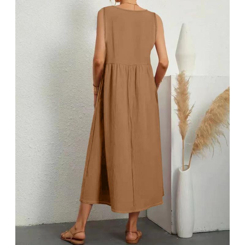 Fashionable Summer Temperament Women's Solid Color Cotton Linen Loose V-neck Dress