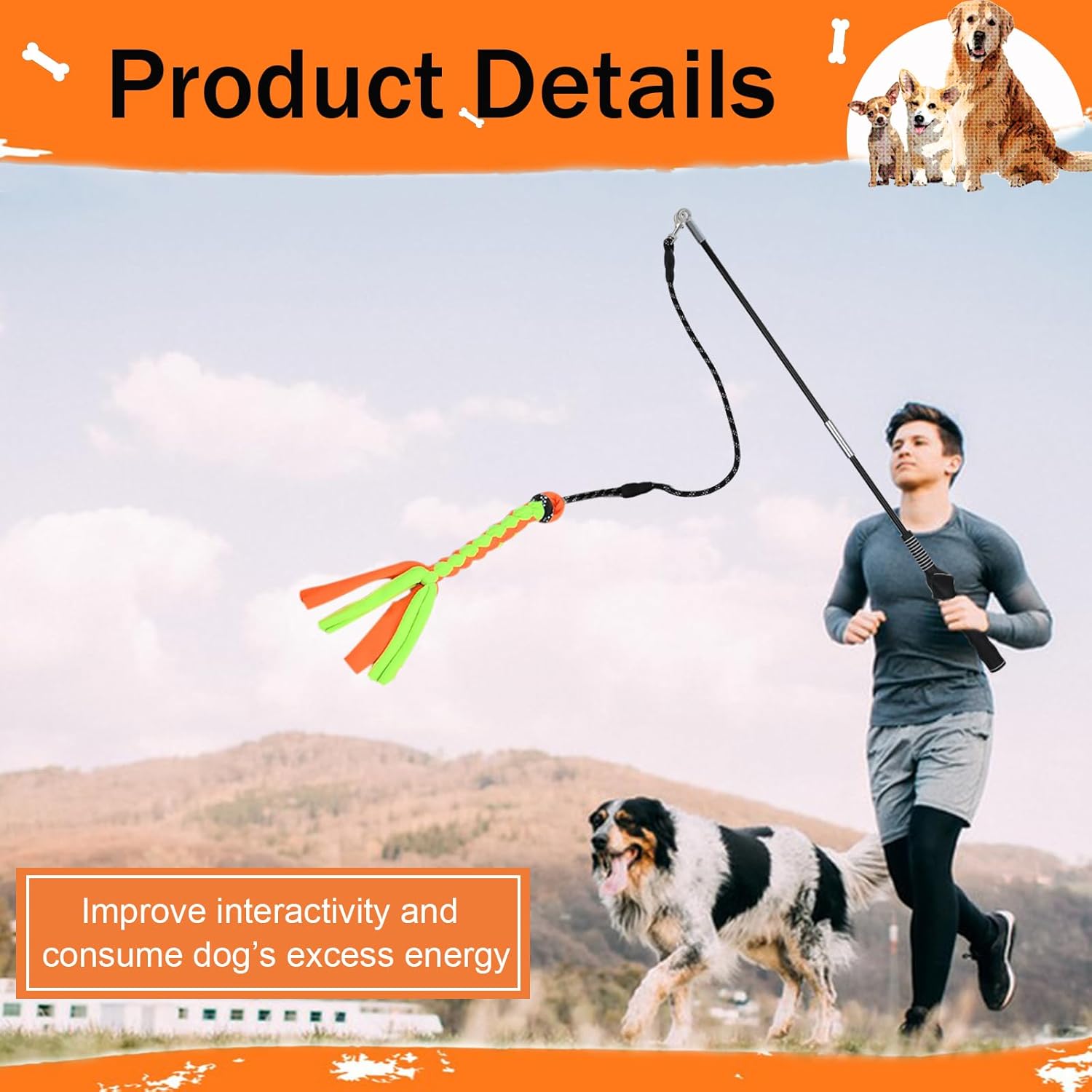 Flirt Pole for Dogs, Interactive Dog Toys Teaser Wand Play Pole with Fleece Rope Lure Chewing Toy for Small Medium Large Dogs Puppy Outdoor Exercise