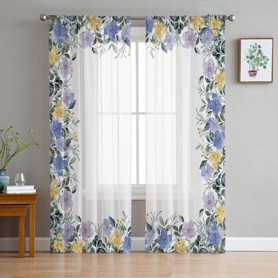Summer Purple Flowers Watercolor Sheer Window Curtains For Living Room Kitchen Children Bedroom Voile Hanging Curtain