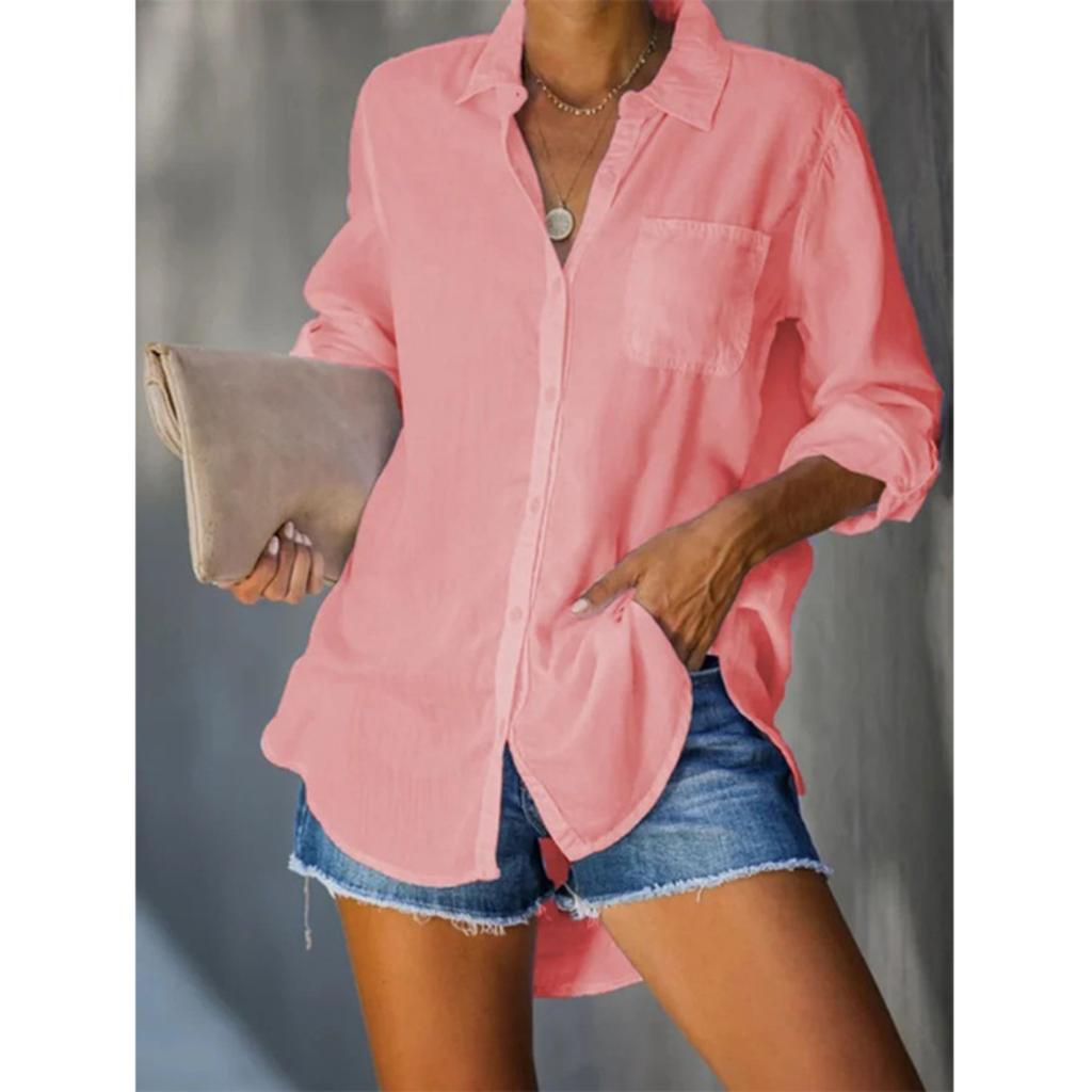 Women's Turn Down Collar Long Sleeve Shirt Loose Fit Casual Solid Color Button Down Blouse