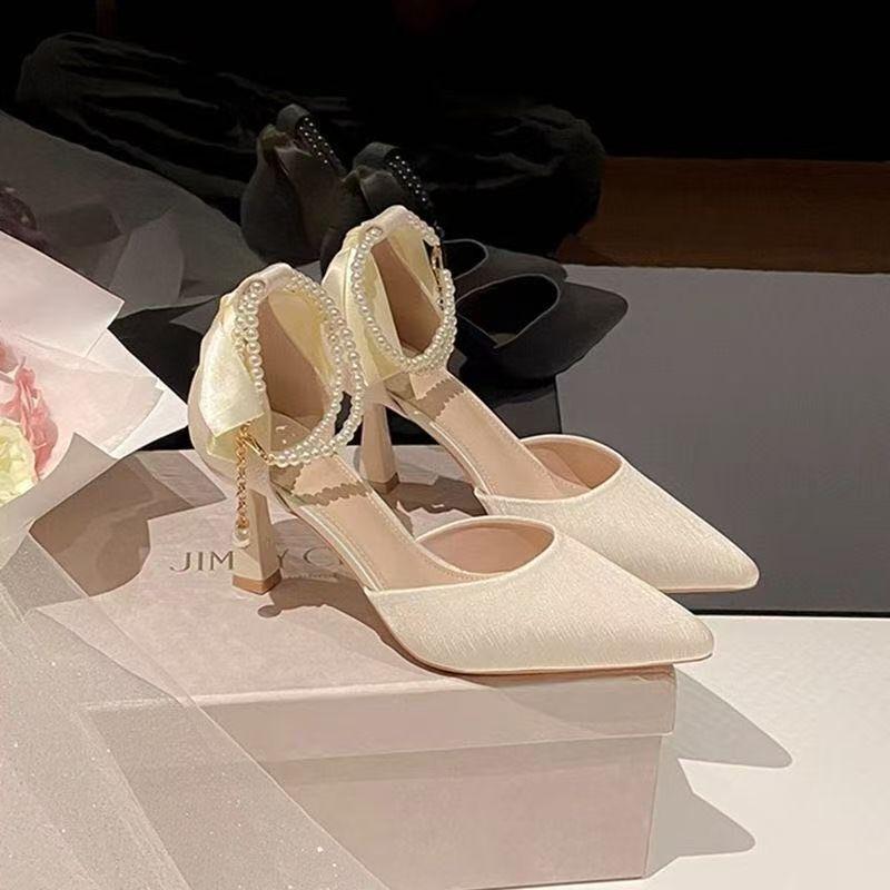Stiletto Sandals Girl 2025 New Korean Version Fairy Style Bow Temperament Fashion High Heels Pearl Lace-up Pointed Head