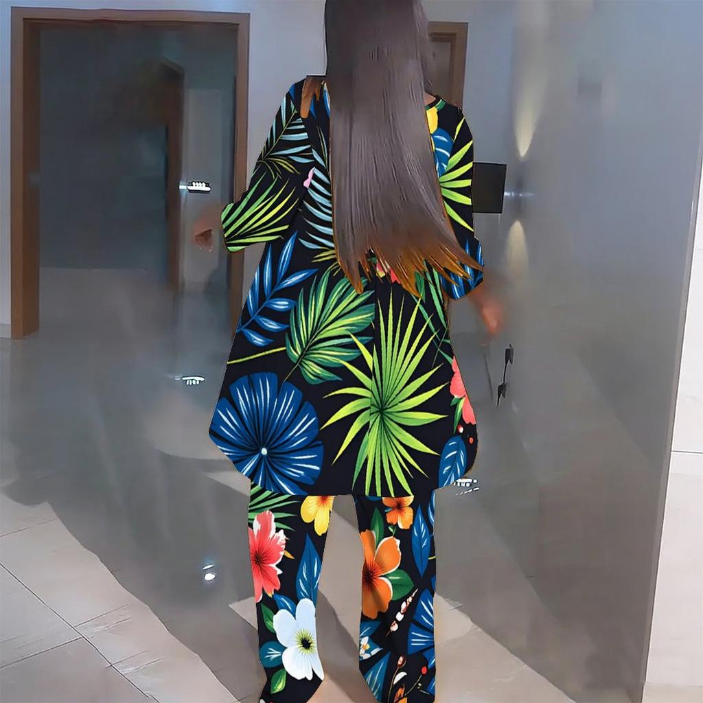 Women Plus Size Three Quarter Sleeve Round Neck Irregular Hem Printed Top Wide Leg Pants Two Piece Set