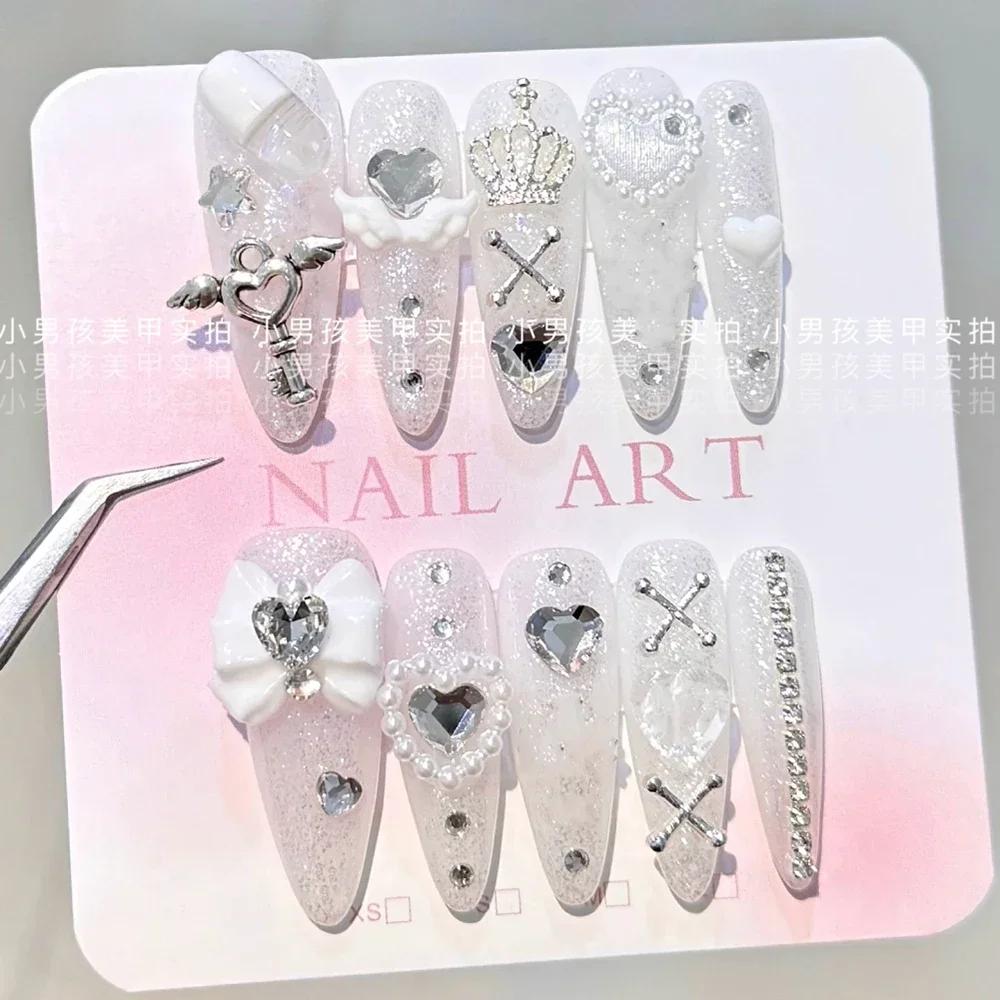 10Pcs Luxury Handmade Long Stiletto Press On Nails 3D Sparkling Diamond Bow Pearl Flower Full Cover Fake Nails