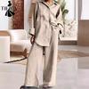 Women's Fashion Casual Spring Autumn Solid Color Print Long Sleeve POLO Neck Trousers Pants Suits