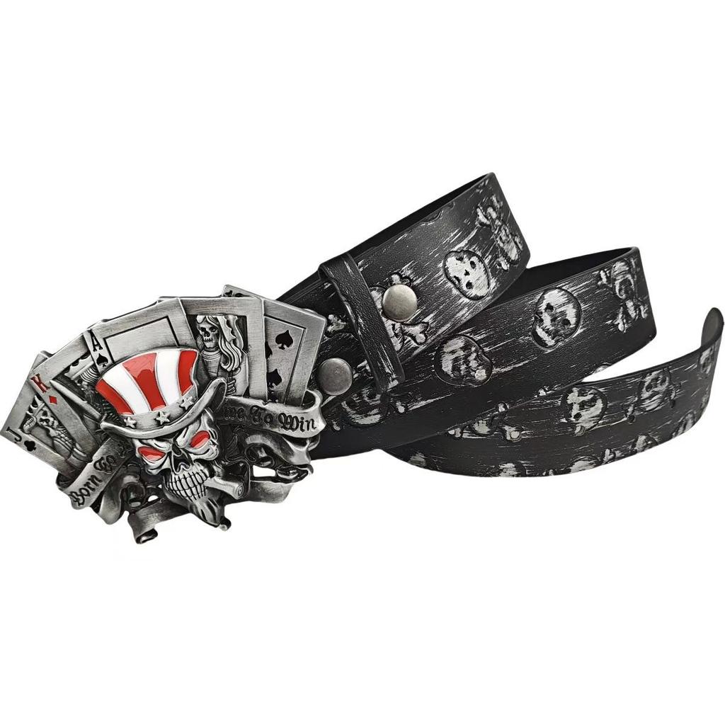 Trendy Skull Alloy Silver Buckle Embossed Belt Playing Card Buckle Fashion Youth Trouser Belt