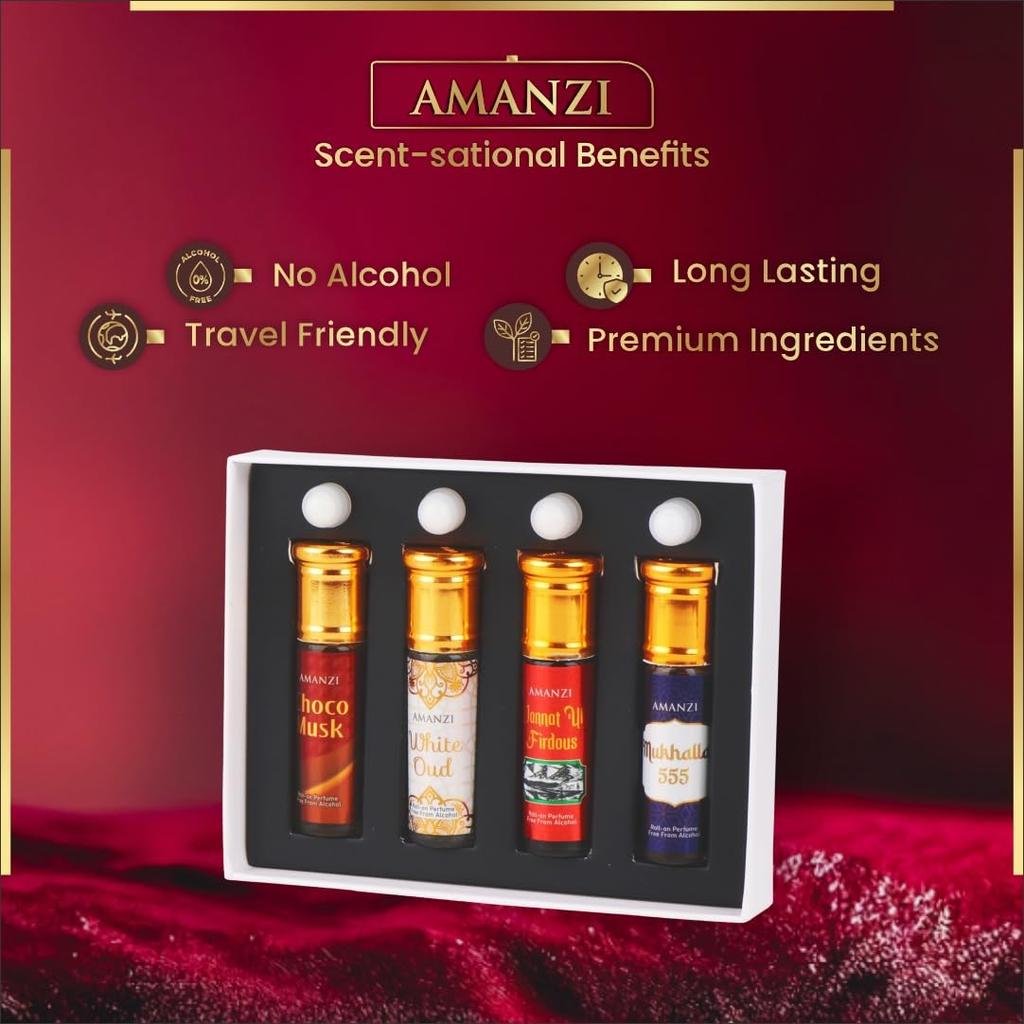 Non-Alcoholic Roll-On Attar Perfume Collection for Men & Women, Special Occasions - Choco Musk, White Oud, Jannat Ul Firdaus, Mukhallat