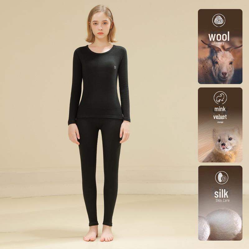 Women's Self-Heating Thermal Underwear Set - Double-Sided Plush, Seamless, Constant Temperature; Includes Top and Bottoms for Autumn.