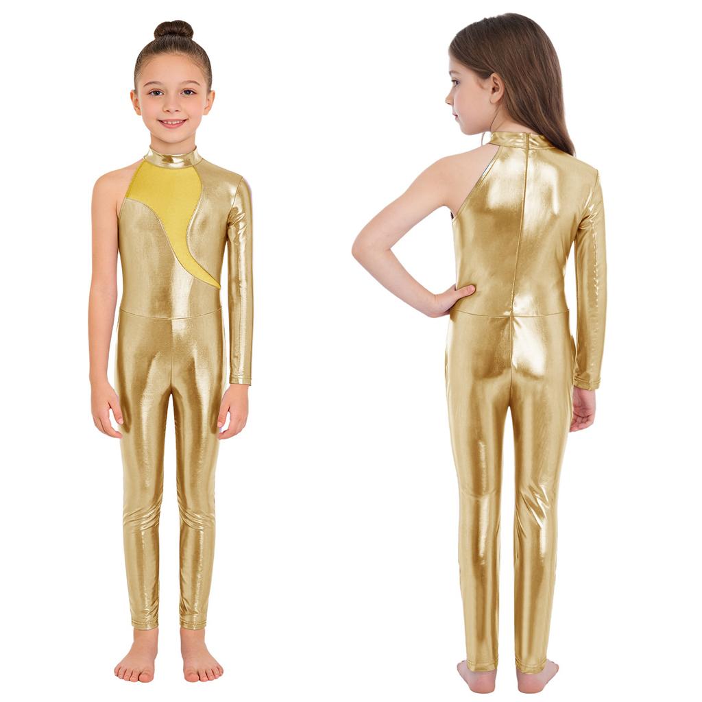 Girls Stage Performance Jumpsuit: Asymmetrical Metallic Mock Neck Mesh Patchwork Back Invisible Zipper Bodysuit Dancewear