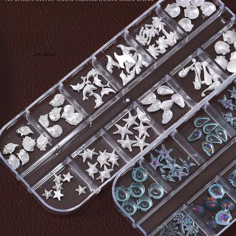 12 Grids/Box 3D Nail Art Charms Aurora Shells Starfish Mermaid Tail Accessory for Dreamy Oceanic Manicure Look