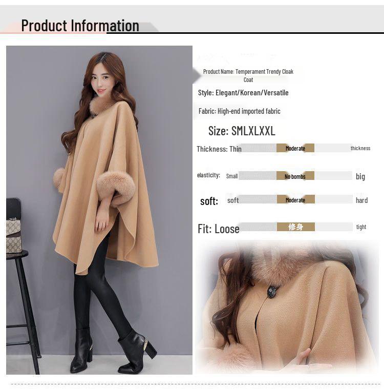 Women's Hepburn Style Wool Coat with Large Rabbit Fur Collar - Autumn/Winter Mid-Length Cape Shawl, Plus Size Available.