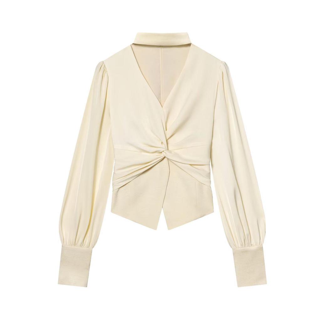 European-American Women's Fashion V-neck Halter Waist-Cinching Patchwork Long-Sleeve Shirt