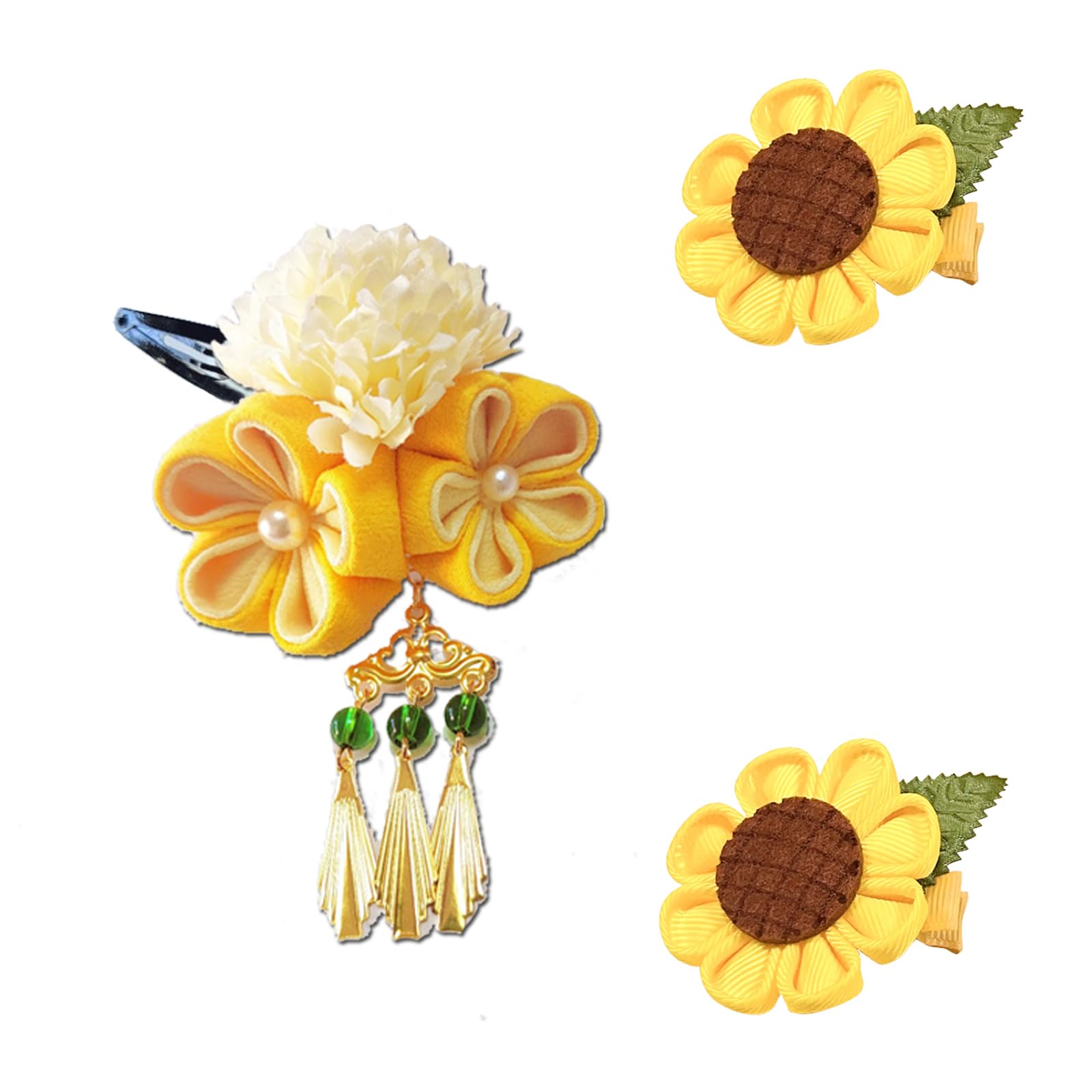 OuJyO Yukata & Japanese Clothing Hair Ornament Set of 3: Cute Sunflower Hair Clips, Perfect for Coming-of-Age Ceremonies, Kimono, Kids Hair