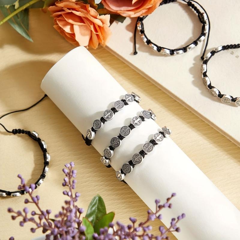 Set Of 12 Saint Benedict Charm Bracelets Handmade Wristbands Adjustable Length Wristchains Religious Blessing Jewelry