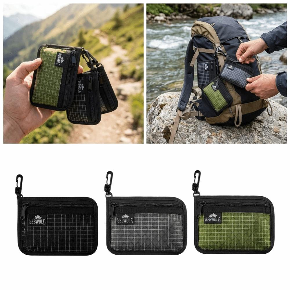 Portable Fabric Zip Wallet Black Grid Pattern Passport Holder Zipper Closure Key Clip Coin Purse Daily Commute