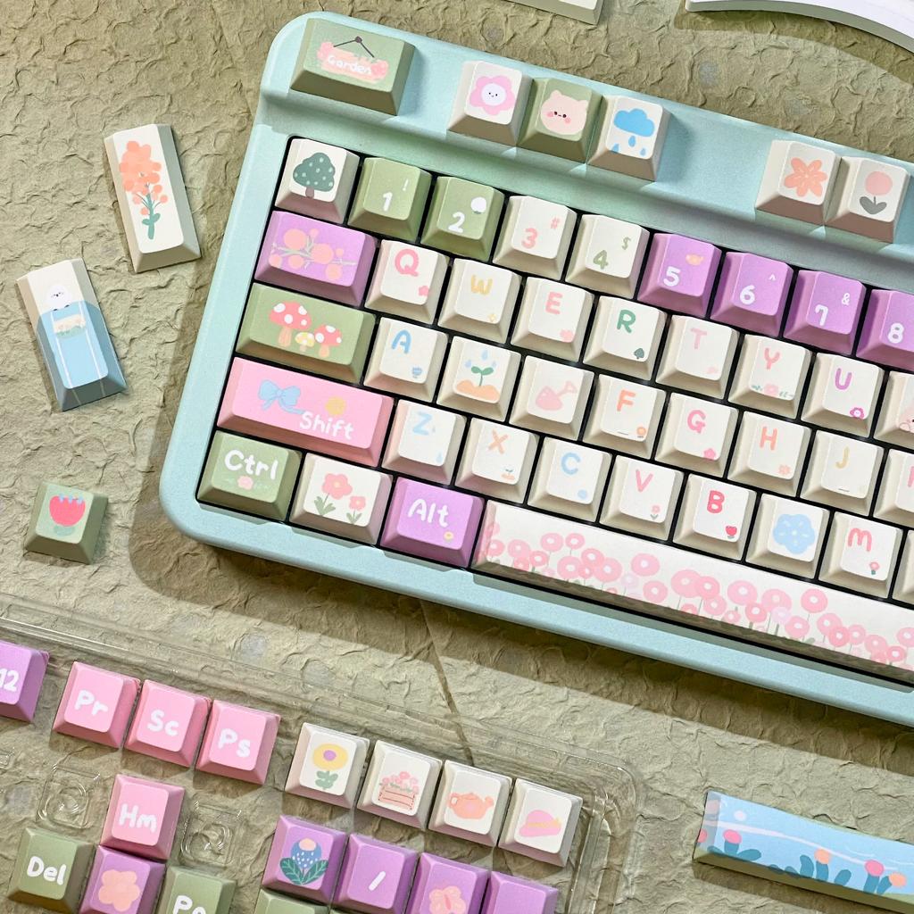 Small Garden Cherry Keycaps Cute Pbt Five-Sided Sublimation 138Keys7U/2.25U Space Bar L Shape Enter Key Alice Layout Keycaps
