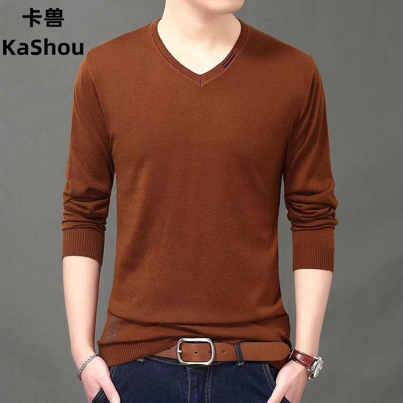 

2023 Новый Весенне-Осенний Тонкий Простой Повседневный Вязаный Мужской Пуловер С V-образным Вырезом и Длинным Рукавом, Однотонный, Оверсайз L синий